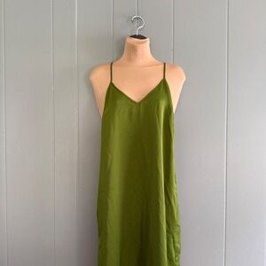 A New Day Green Satin Slip Dress Small Adjustable Straps Side Slit